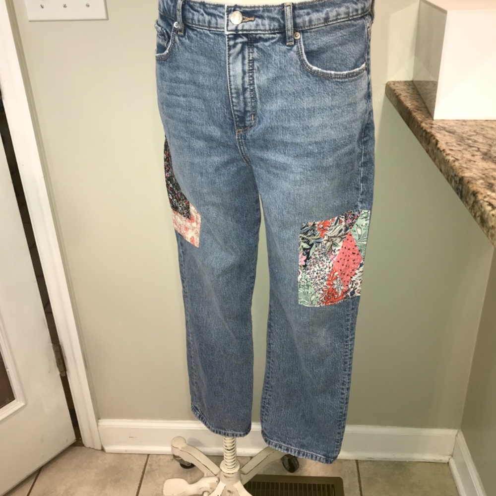 Loft the straight crop floral patches high waisted distressed jeans